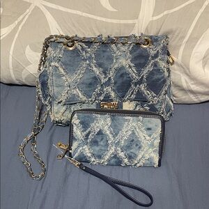Blue Denim Chain Shoulder Bag and Wristlet Set